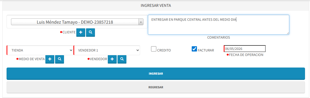 Realizar venta – formulario con datos